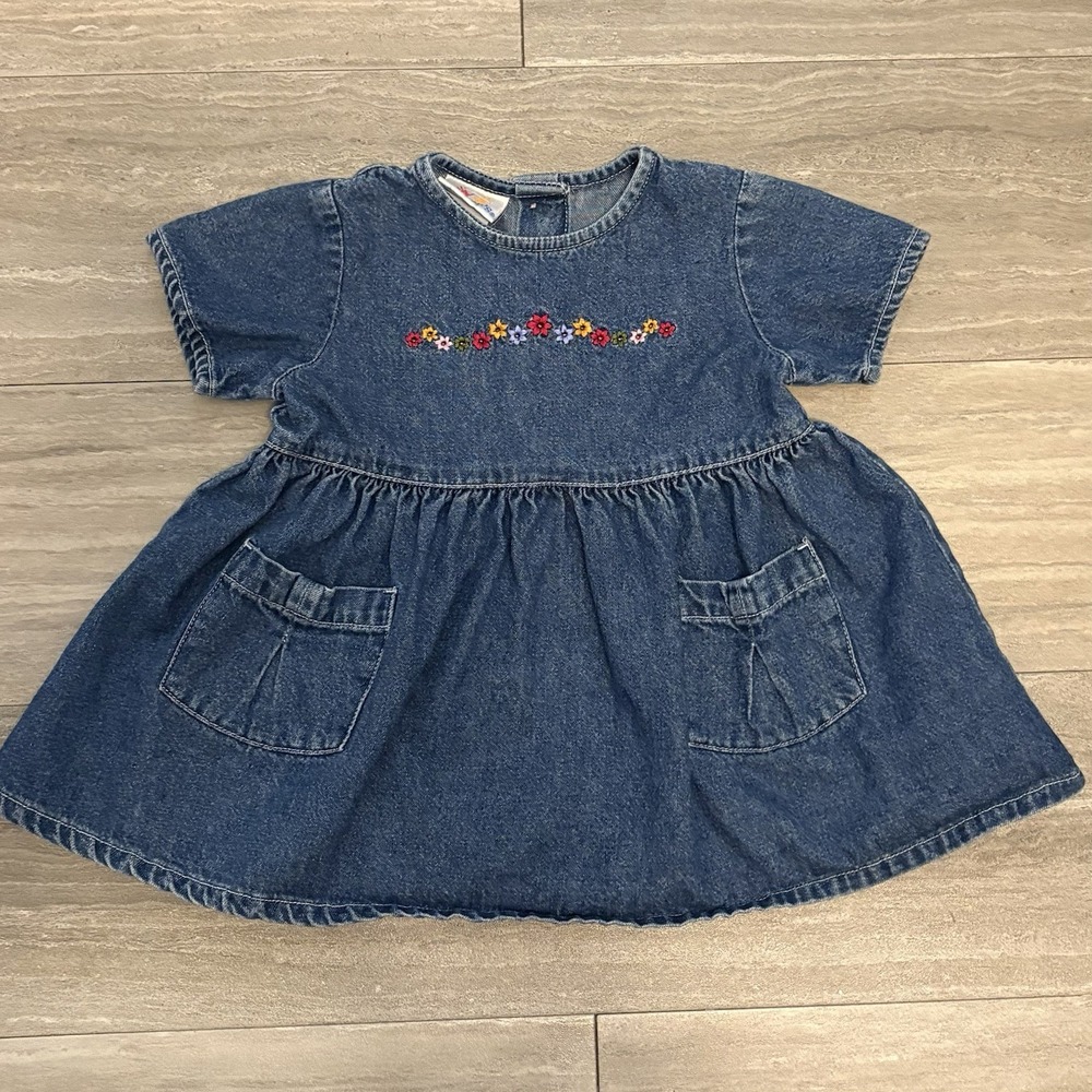Vintage 90s Carter's Baby Girls Denim Floral Embroidered Babydoll Dress 9-12M